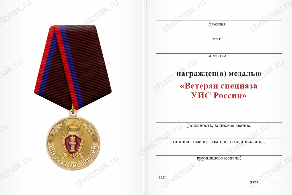 Бланк оборотная сторона Медаль «Ветеран спецназа УИС России» с бланком удостоверения