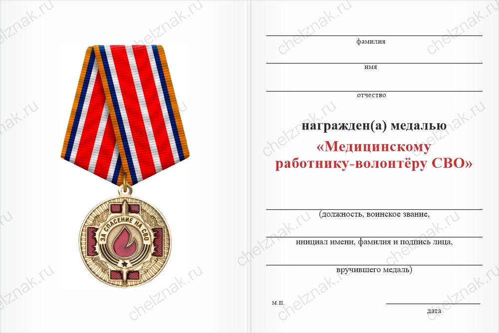 Бланк оборотная сторона Медаль «Медицинскому работнику-волонтёру СВО» с бланком удостоверения