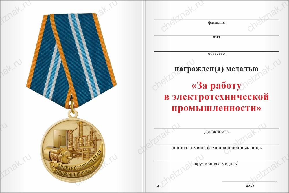Бланк оборотная сторона Медаль «За работу в электротехнической промышленности» с бланком удостоверения