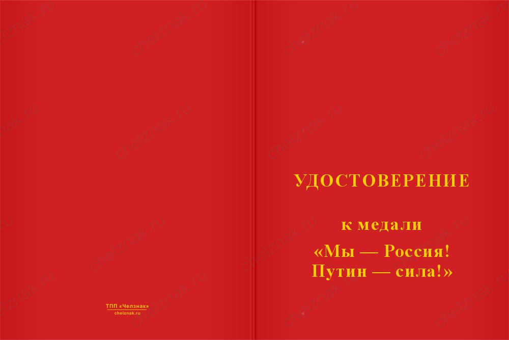 Бланк лицевая сторона Медаль «Мы Россия - Путин сила!» с бланком удостоверения