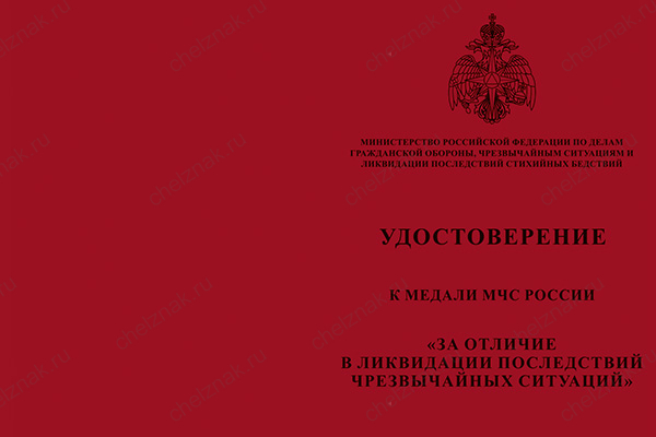 Бланк лицевая сторона Медаль «За отличие в ликвидации последствий ЧС» с бланком удостоверения