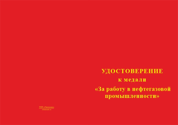 Лицевая сторона награды Медаль «За работу в нефтегазовой промышленности» с бланком удостоверения