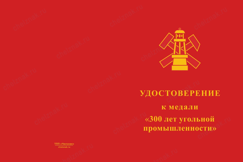 Лицевая сторона награды Медаль «300 лет угольной промышленности» с бланком удостоверения