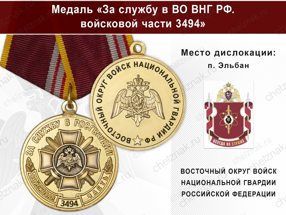 Медаль «За службу в ВО ВНГ РФ. Войсковая часть 3494» с бланком удостоверения