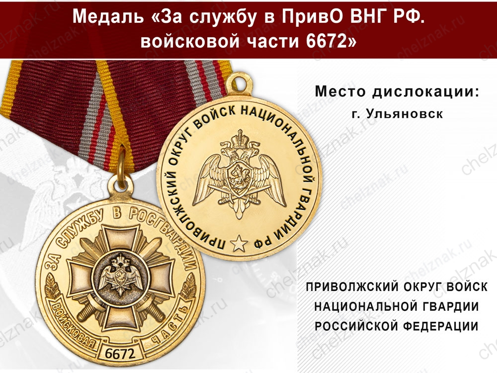 Медаль «За службу в ПривО ВНГ РФ. Войсковая часть 6672» с бланком удостоверения