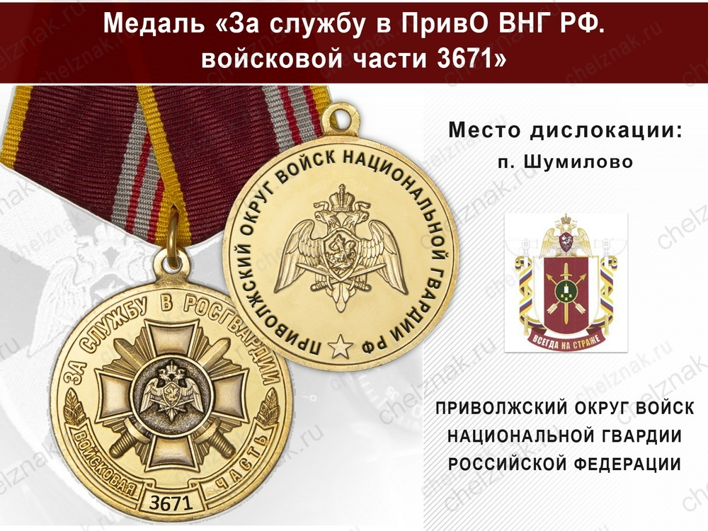 Медаль «За службу в ПривО ВНГ РФ. Войсковая часть 3671» с бланком удостоверения