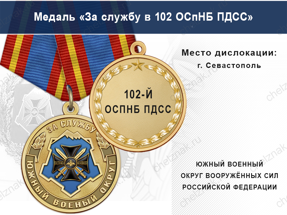 Лицевая сторона награды Медаль «За службу в 102-м ОСпНБ ПДСС» с бланком удостоверения