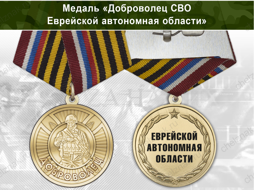 Лицевая сторона награды Медаль «Доброволец СВО из Еврейской автономной области» с бланком удостоверения