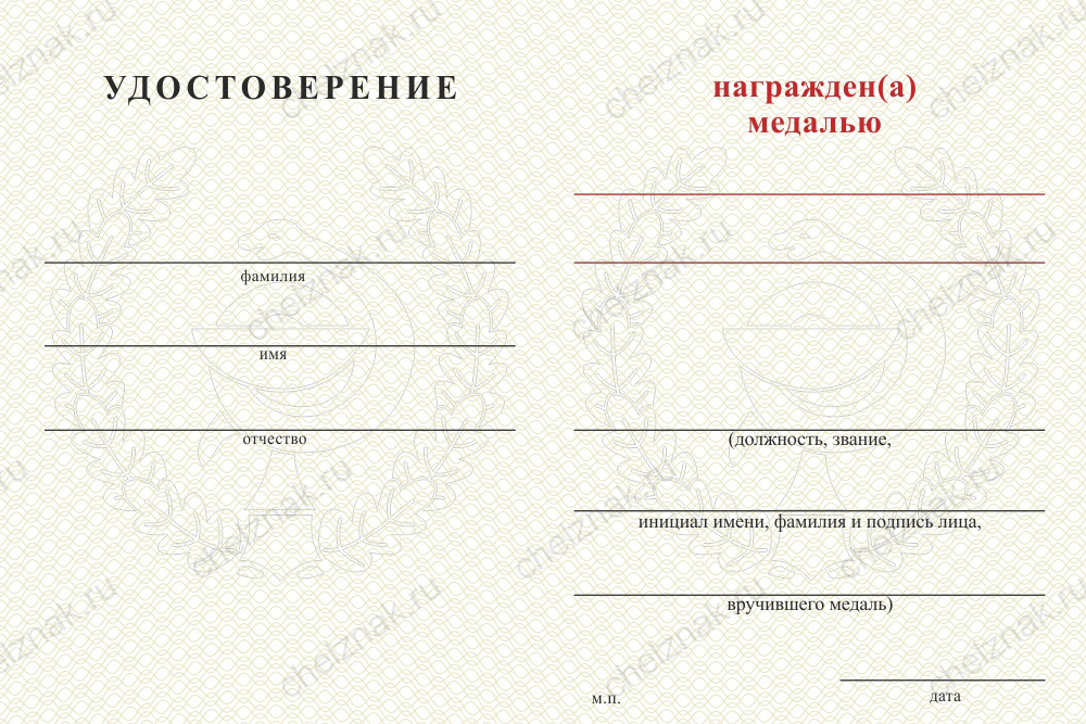 Бланк оборотная сторона Медаль медицинской службы ВС РФ (с текстом заказчика), с бланком удостоверения