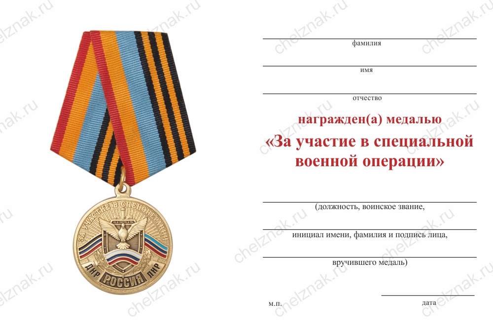 Бланк оборотная сторона Медаль «За участие в специальной военной операции» с бланком удостоверения