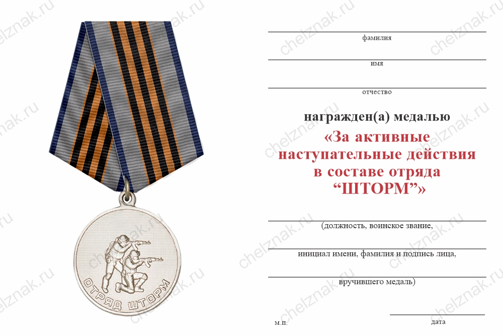 Бланк оборотная сторона Медаль «Отряд "Шторм" 20-й МСД» с бланком удостоверения