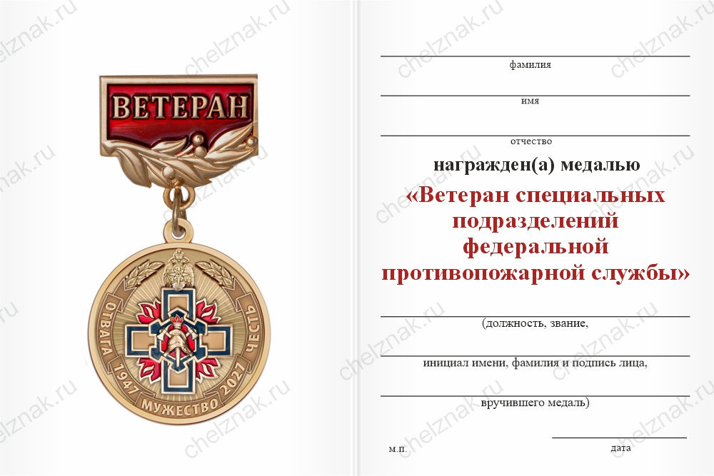 Бланк оборотная сторона Знак «Ветеран специальных подразделений ФПС МЧС РФ» с бланком удостоверения