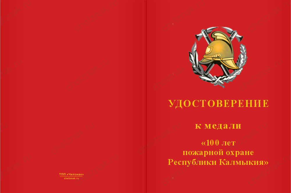 Бланк лицевая сторона Медаль «100 лет пожарной охране Республики Калмыкия» с бланком удостоверения