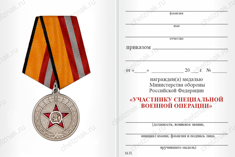 Бланк оборотная сторона Медаль МО «Участнику специальной военной операции» (серая лента)  с бланком удостоверения