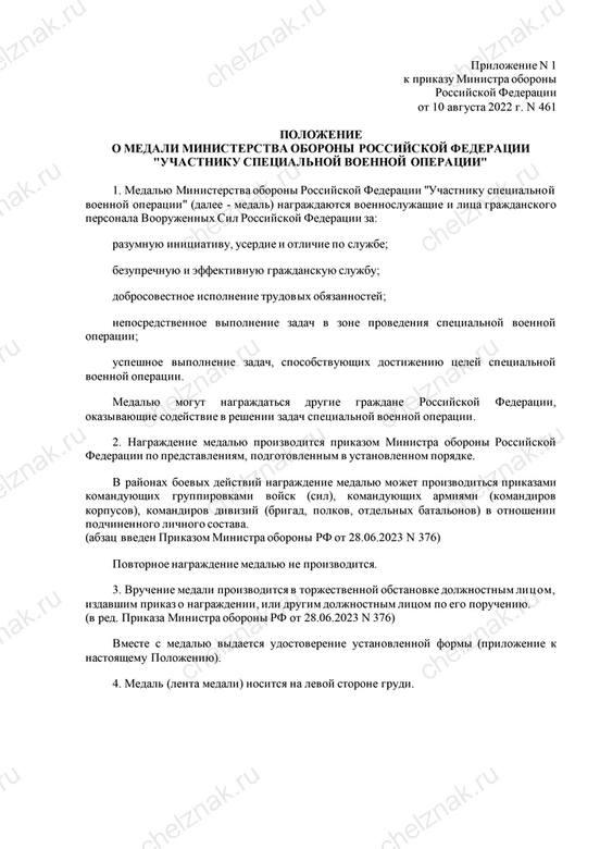 Медаль МО «Участнику специальной военной операции» (серая лента)  с бланком удостоверения, положение о награде 2