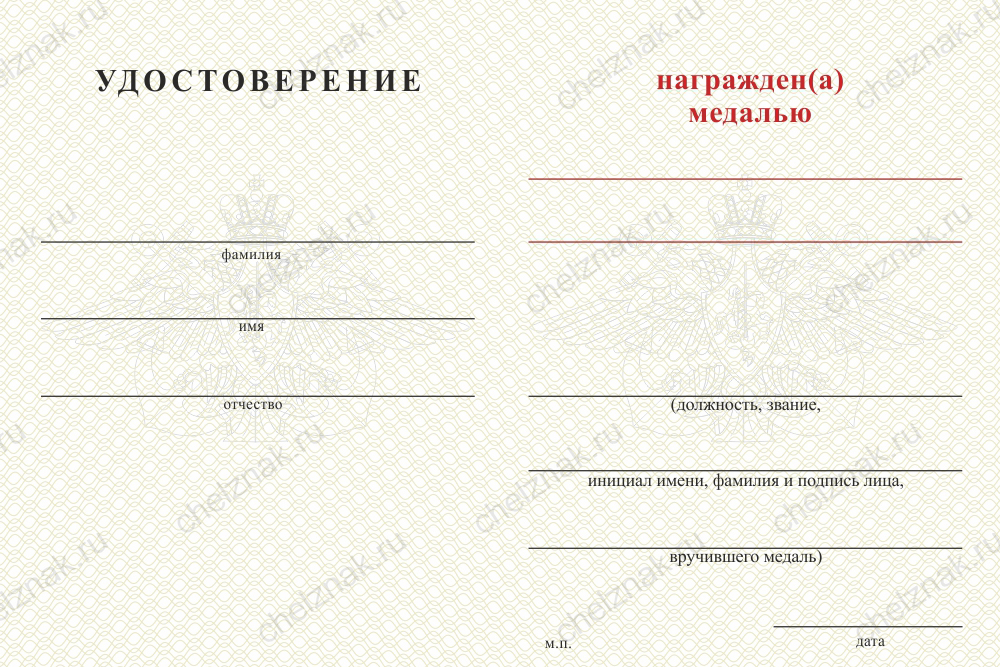 Бланк оборотная сторона Медаль ВМФ (с текстом заказчика), с бланком удостоверения