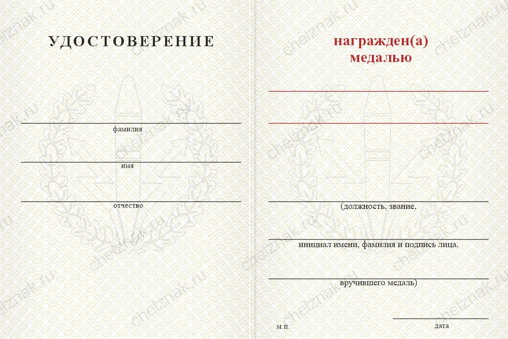 Бланк оборотная сторона Медаль РВСН (с текстом заказчика), с бланком удостоверения