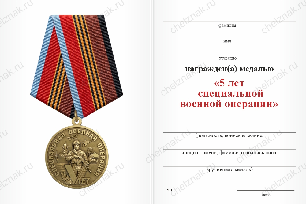 Бланк оборотная сторона Медаль «5 лет специальной военной операции» с бланком удостоверения