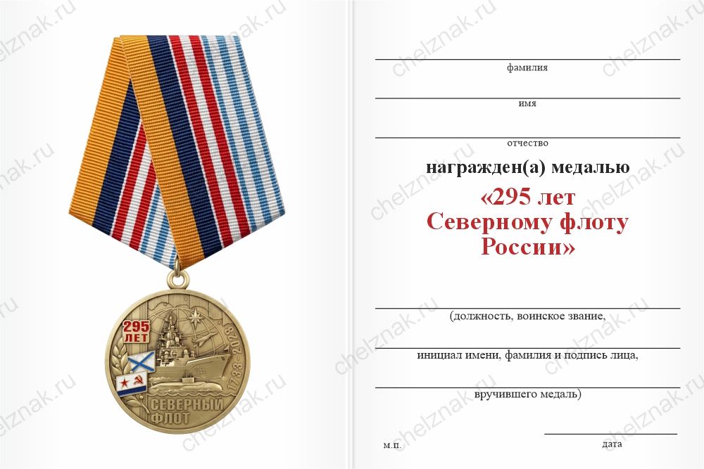 Бланк оборотная сторона Медаль «295 лет Северному флоту России» с бланком удостоверения