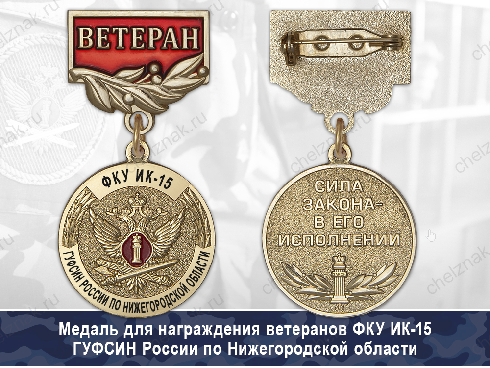 Обратная сторона награды Медаль ФКУ ИК-15 ГУФСИН России по Нижегородской области с бланком удостоверения