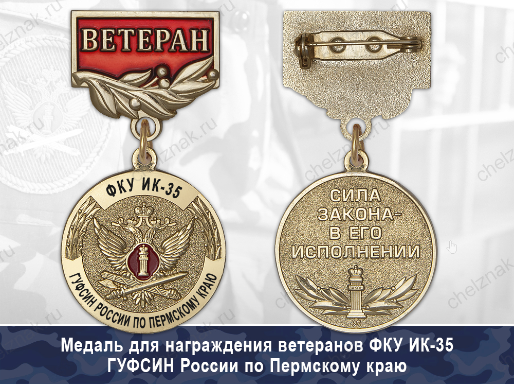 Обратная сторона награды Медаль ФКУ ИК-35 ГУФСИН России по Пермскому краю с бланком удостоверения
