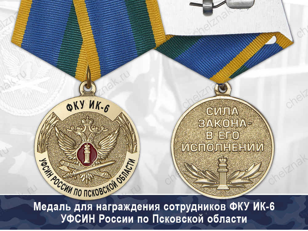 Лицевая сторона награды Медаль ФКУ ИК-6 УФСИН России по Псковской области с бланком удостоверения