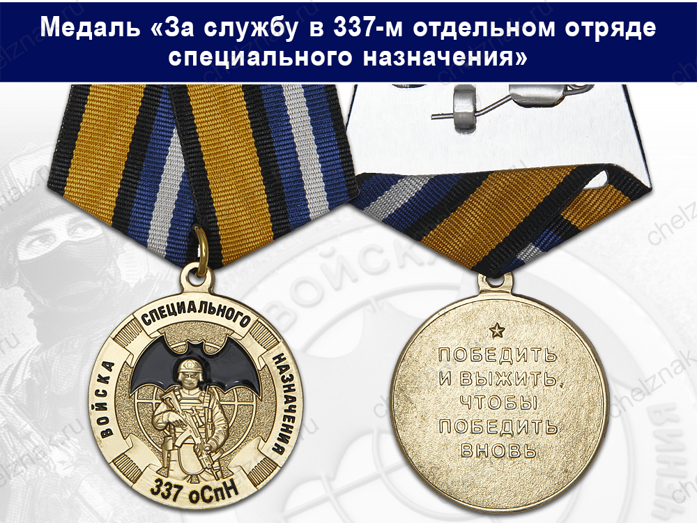 Лицевая сторона награды Медаль «За службу в 337-м отдельном отряде спецназначения (337 оСпН)» с бланком удостоверения