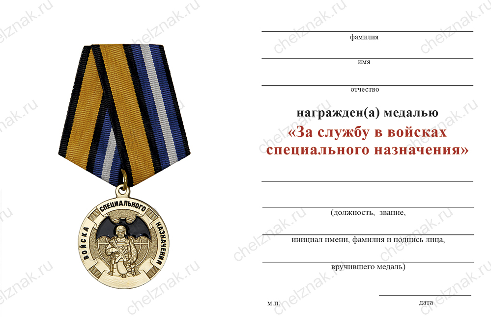 Бланк оборотная сторона Медаль «За службу в 337-м отдельном отряде спецназначения (337 оСпН)» с бланком удостоверения