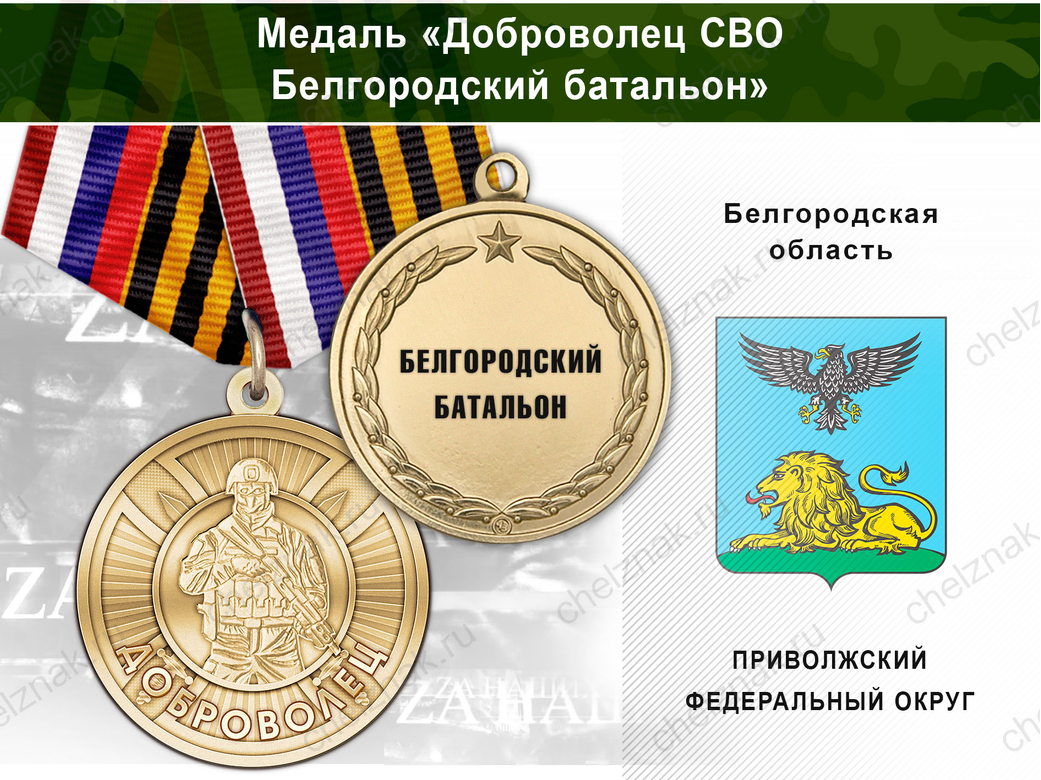 Лицевая сторона награды Медаль «Доброволец СВО из Белгородского батальона» с бланком удостоверения