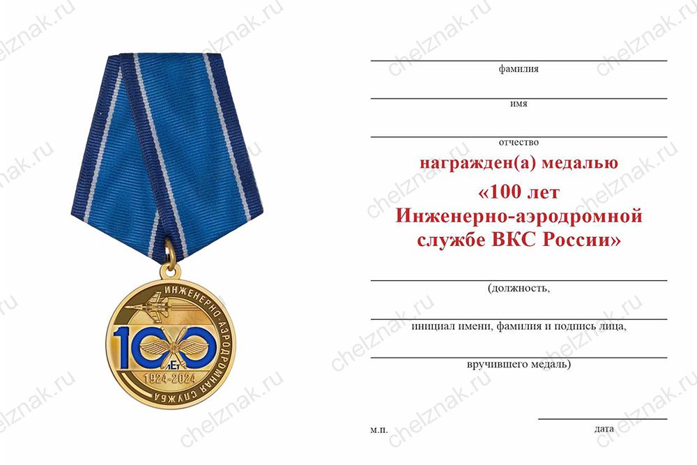 Бланк оборотная сторона Медаль «100 лет инженерно-аэродромной службе» с бланком удостоверения