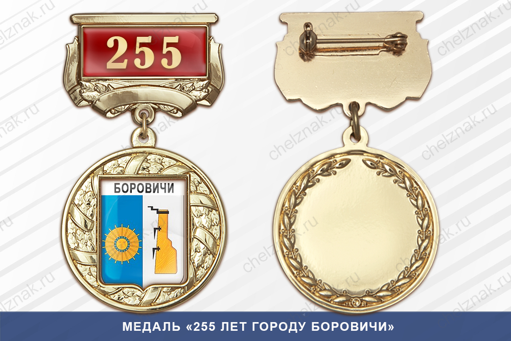 Лицевая сторона награды Медаль «255 лет городу Боровичи» с бланком удостоверения