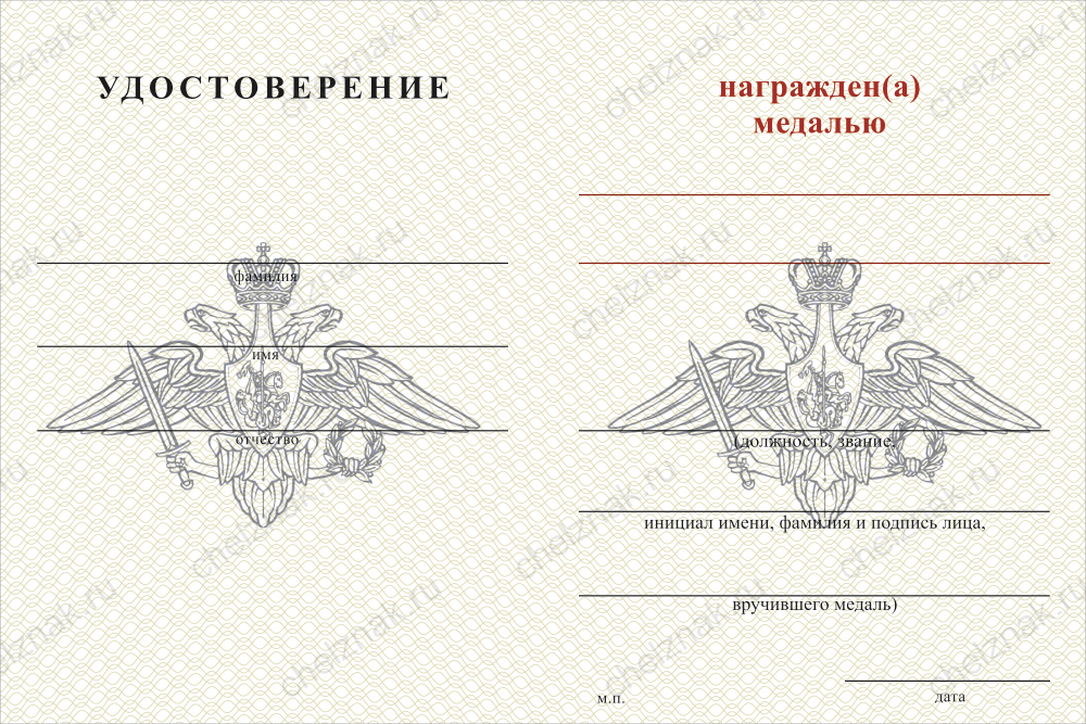Бланк оборотная сторона Медаль «Тыл ВС РФ» (с текстом заказчика), с бланком удостоверения