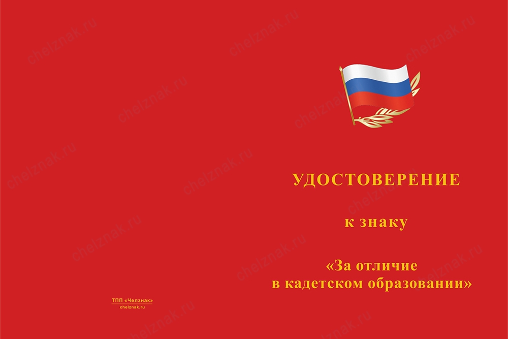 Лицевая сторона награды Знак на колодке «За отличие в кадетском образовании» с бланком удостоверения