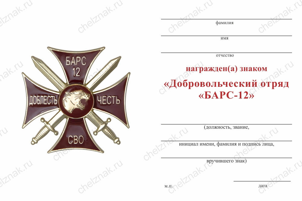 Бланк оборотная сторона Знак краповый «Добровольческий отряд БАРС - 12» с бланком удостоверения