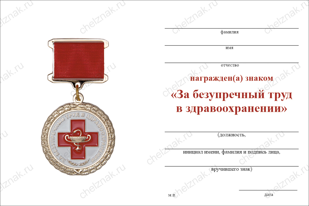 Бланк оборотная сторона Медаль «За безупречный труд в здравоохранении» d 36 мм с бланком удостоверения