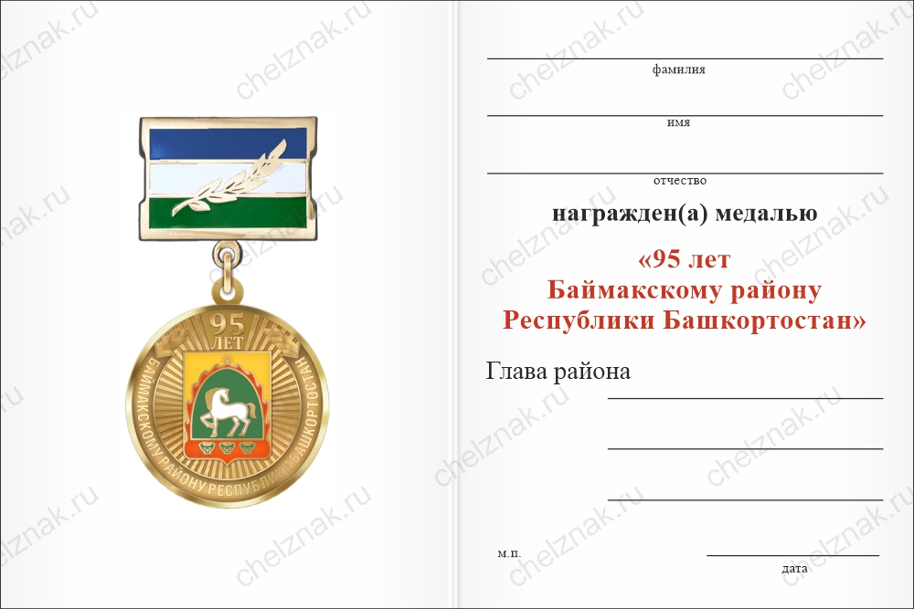 Бланк оборотная сторона Медаль «95 лет Баймакскому району Республики Башкортостан. Почётный гражданин» с бланком удостоверения