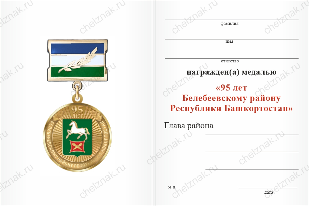 Бланк оборотная сторона Медаль «95 лет Белебеевскому району Республики Башкортостан. Почётный гражданин» с бланком удостоверения