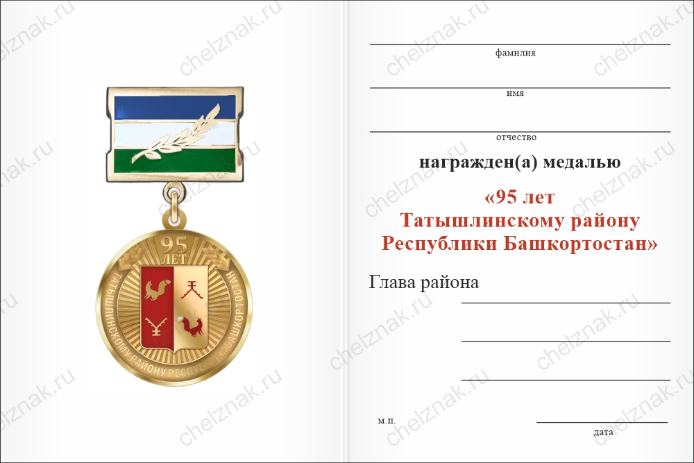 Бланк оборотная сторона Медаль «95 лет Татышлинскому району Республики Башкортостан. Почётный гражданин» с бланком удостоверения