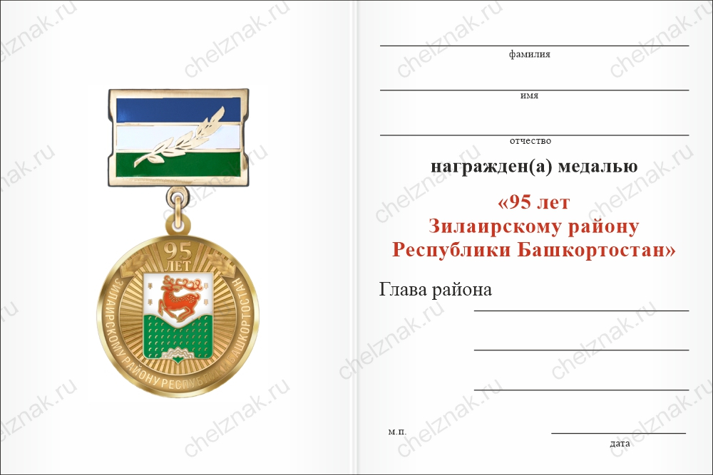 Бланк оборотная сторона Медаль «95 лет Зилаирскому району Республики Башкортостан. За заслуги» с бланком удостоверения