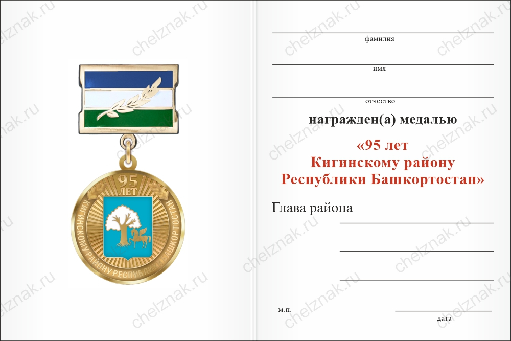 Бланк оборотная сторона Медаль «95 лет Кигинскому району Республики Башкортостан. За заслуги» с бланком удостоверения