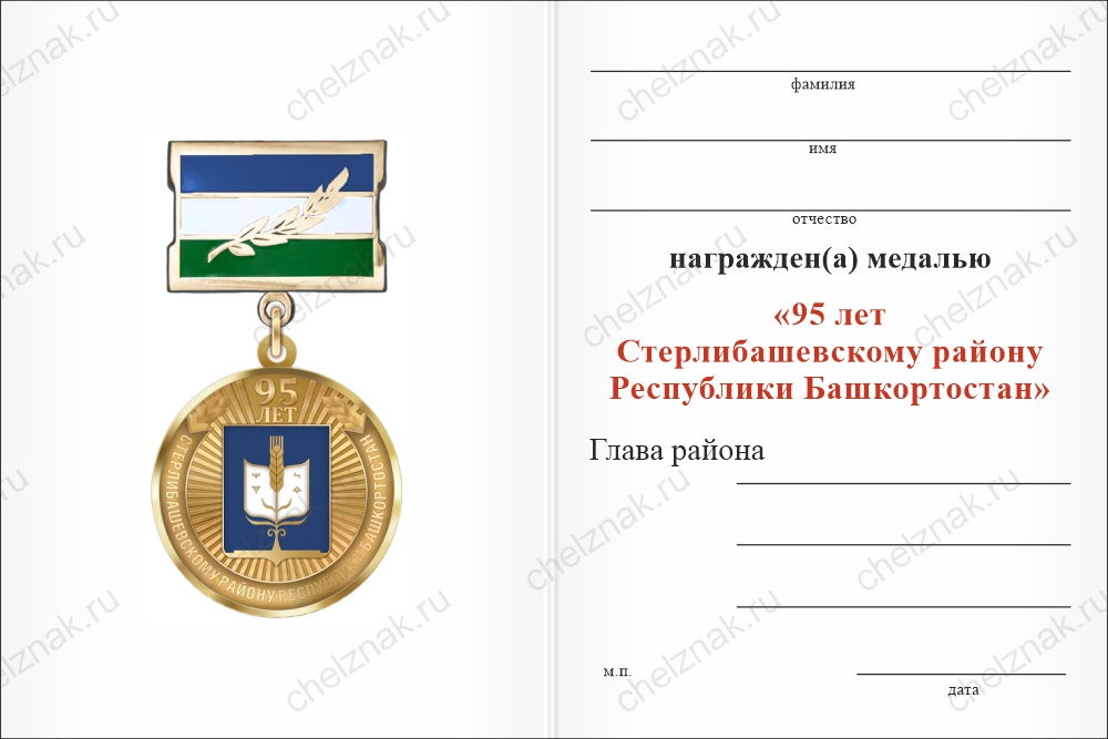 Бланк оборотная сторона Медаль «95 лет Стерлибашевскому району Республики Башкортостан. За заслуги» с бланком удостоверения