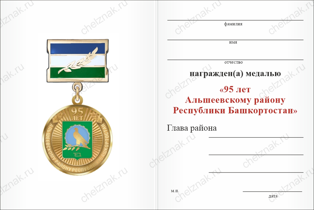 Бланк оборотная сторона Медаль «95 лет Альшеевскому району Республики Башкортостан. За вклад в развитие» с бланком удостоверения