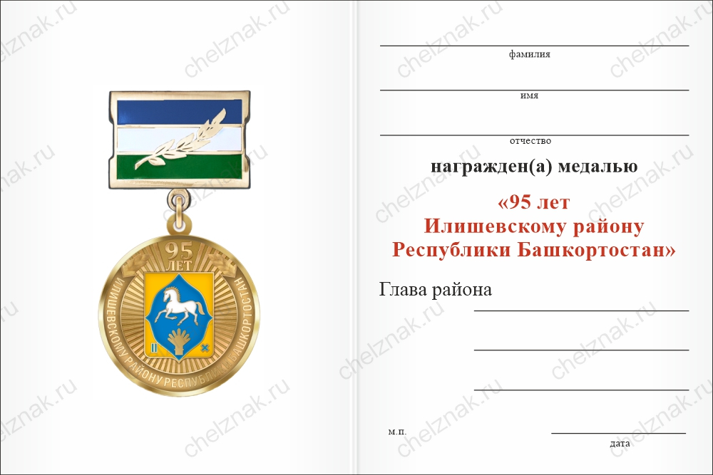 Бланк оборотная сторона Медаль «95 лет Илишевскому району Республики Башкортостан. За вклад в развитие» с бланком удостоверения