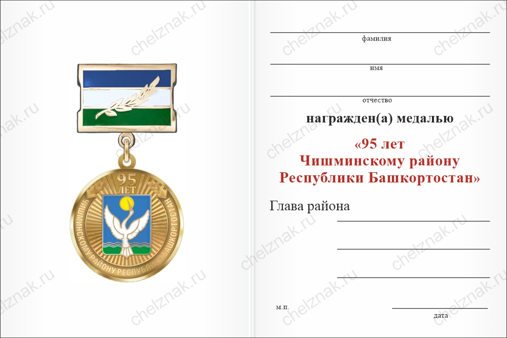 Бланк оборотная сторона Медаль «95 лет Чишминскому району Республики Башкортостан. За вклад в развитие» с бланком удостоверения