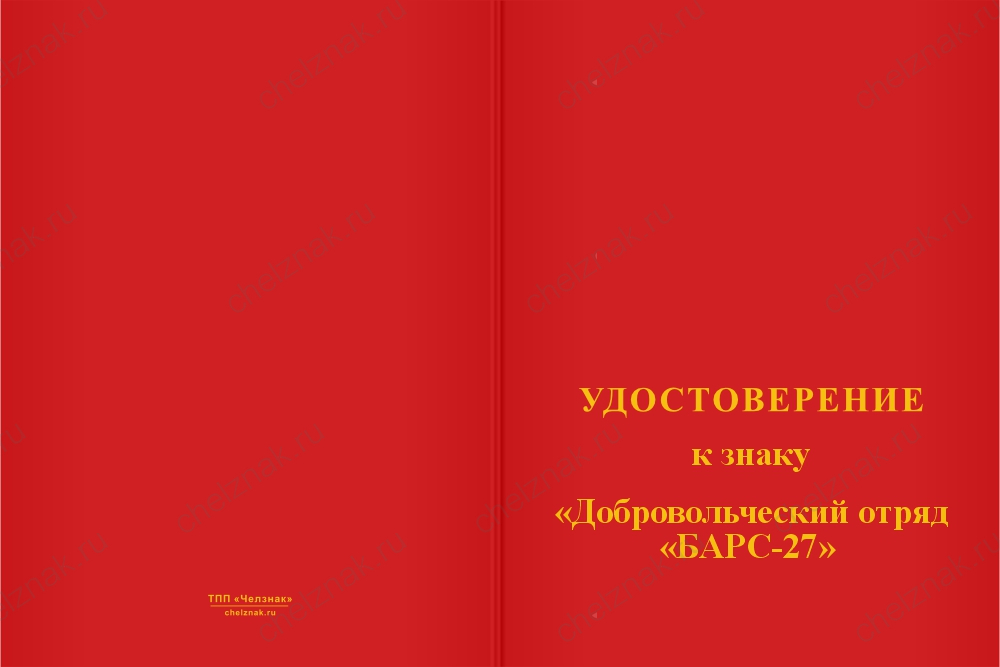 Бланк лицевая сторона Памятный знак «Барс - 27» с бланком удостоверения