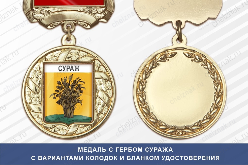 Медаль с гербом города Суража Брянской области с бланком удостоверения