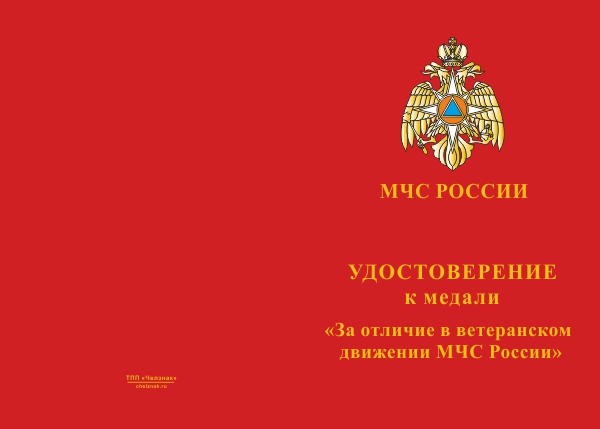 Лицевая сторона награды Медаль МЧС «За отличие в ветеранском движении» с бланком удостоверения