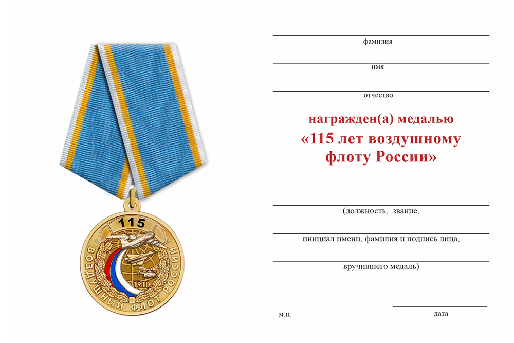 Бланк оборотная сторона Медаль «115 лет воздушному флоту России» с бланком удостоверения