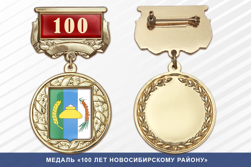Лицевая сторона награды Медаль «100 лет Новосибирскому району» с бланком удостоверения