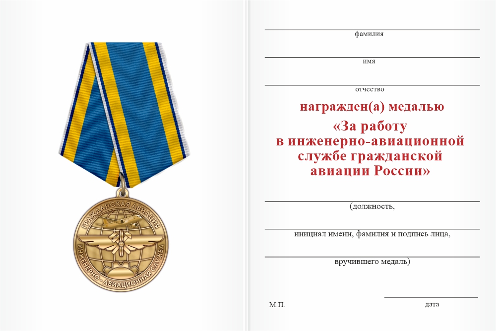 Бланк оборотная сторона Медаль «За работу в инженерно-авиационной службе ГА» с бланком удостоверения